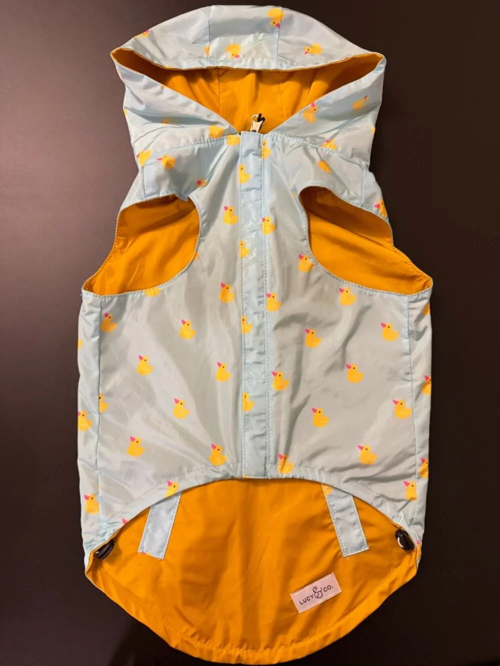 Lucy & Co. Lucky Ducky Reversible Dog Raincoat Size L Aqua Duck Print